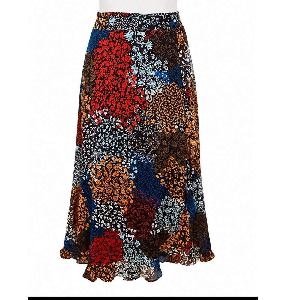 Maurices Floral Patchwork Maxi Skirt Multicolor Boho Ruffle Hem Medium boho fall
